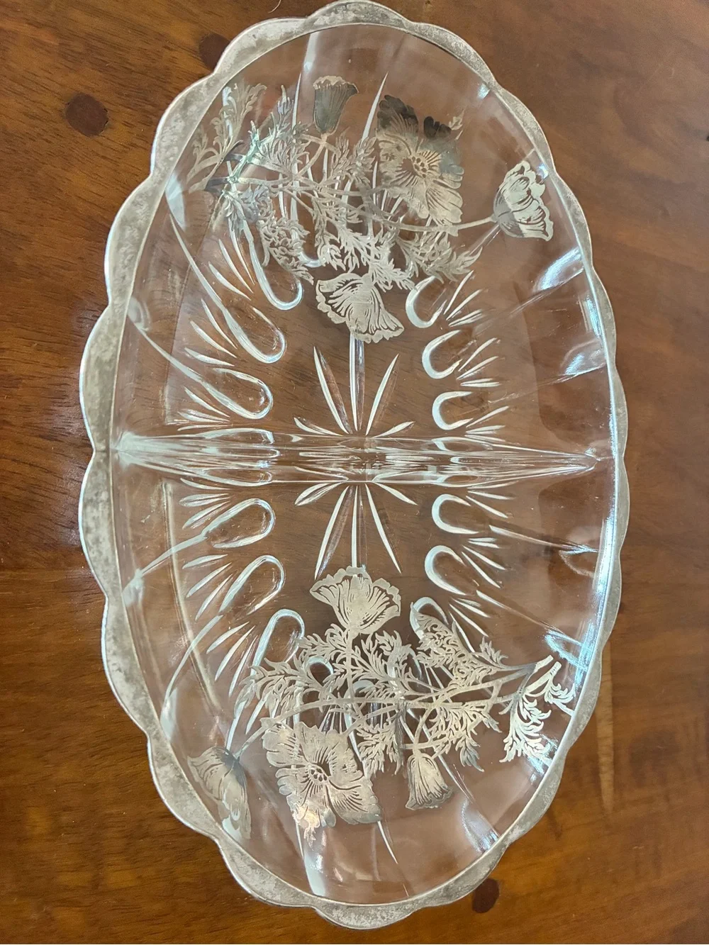 Silver City Glass Sterling Overlay Divided Oval Relish Dish Flanders Poppy